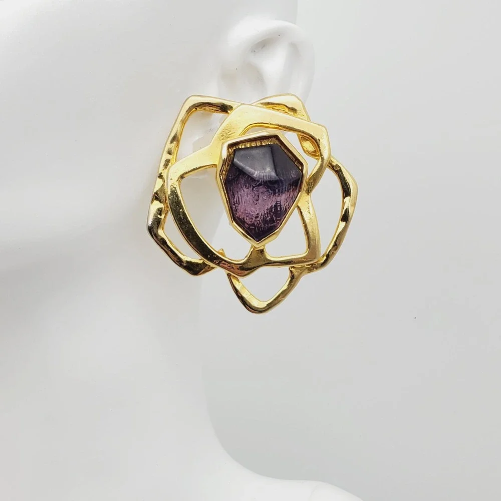Huge‎ Clip On Earrings Gold Tone Amethyst Purple Acrylic Stone Runway Modernist